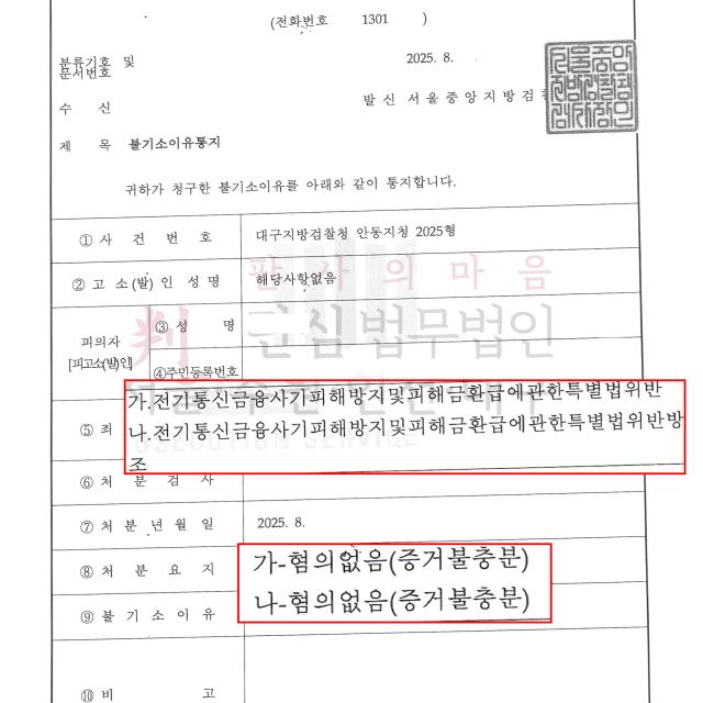 [불기소] 전기통신금융사기 | 대출을 받으려다 보이스피싱 연류된 50대 남성을 변호해 혐의 없음(불기소)